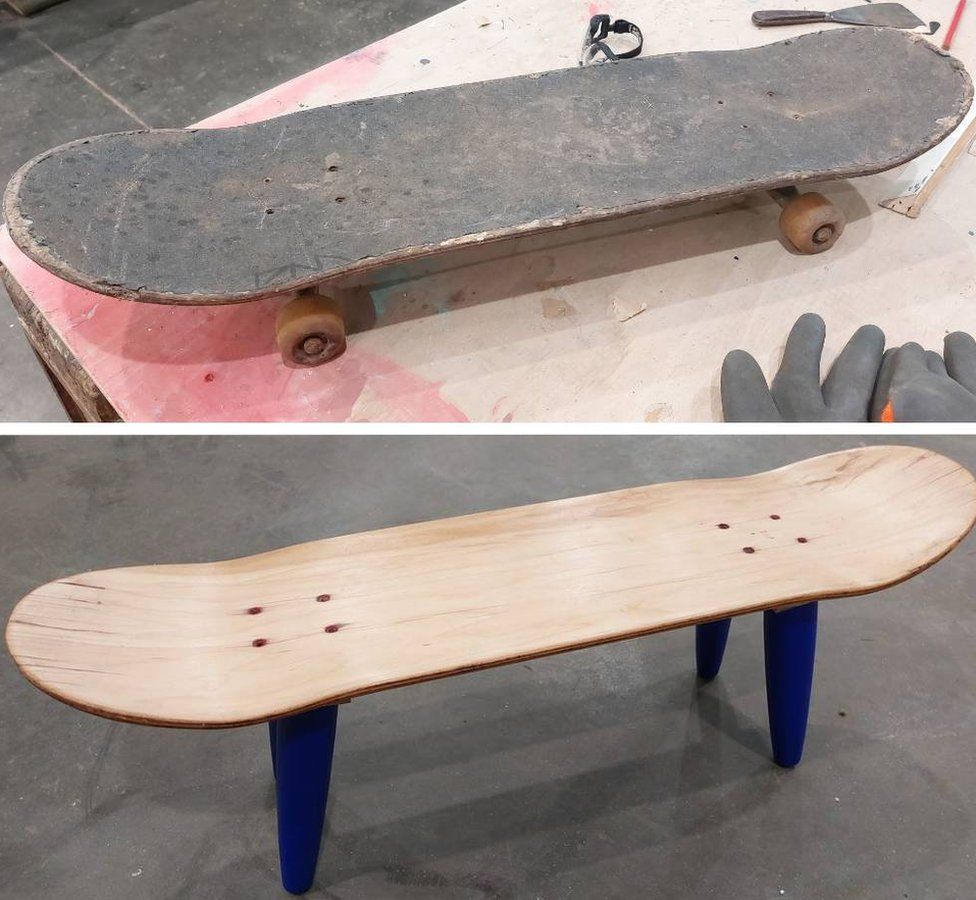A skateboard was saved from landfill and upcycled into a table