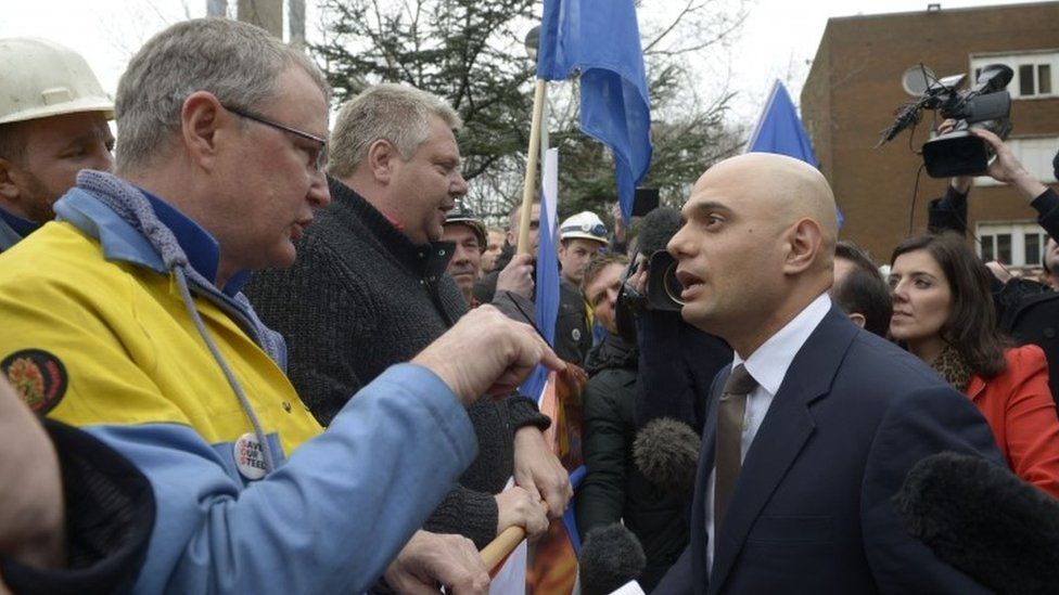 Sajid Javid talking to workers at the Port Talbot site