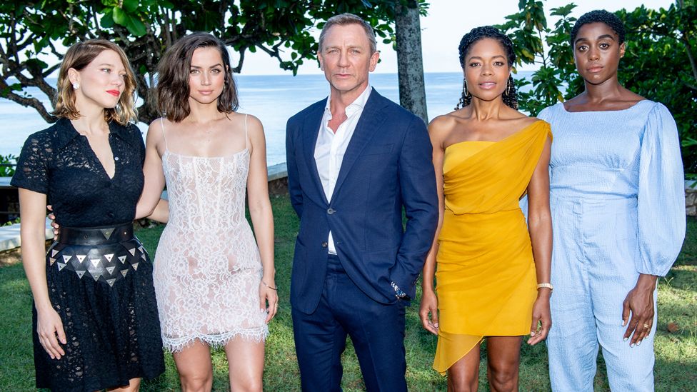 Lea Seydoux, director Cary Joji Fukunaga, Ana de Armas, Daniel Craig, Naomie Harris and Lashana Lynch attend the Bond 25 film launch at Ian Fleming's home in Jamaica