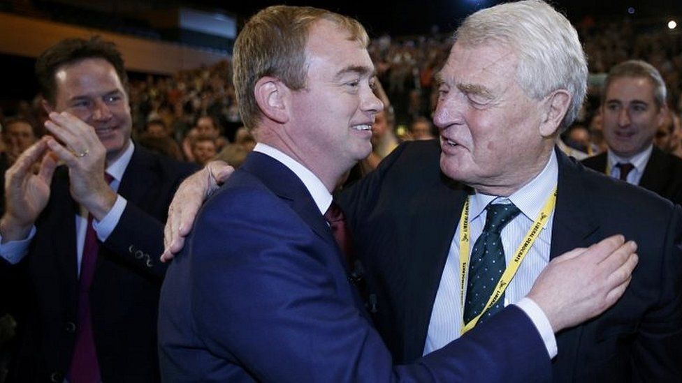Tim Farron is greeted by ex-leader Lord Ashdown