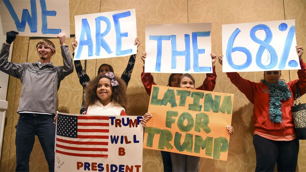 Trump supporters hold up a sign reading "We Are The 68%" before Republican presidential hopeful Donald Trump"s rally, December 14, 2015 at the Westgate Hotel ^ Resort in Las Vegas, Nevada.