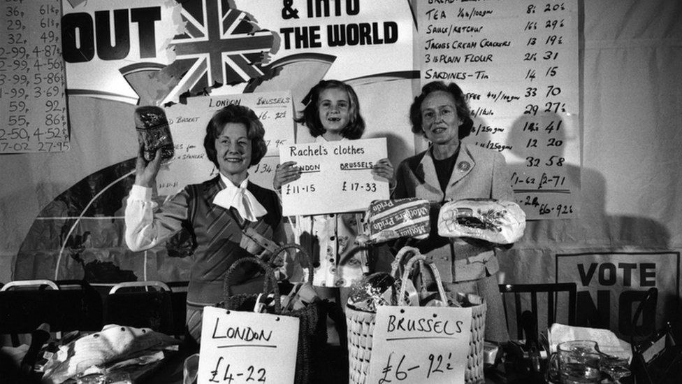Rachel Hinton, 7, aiding her great aunt Barbara Castle (left), Social Services Secretary, one of Labour's anti-marketeers, and Joan Marten, wife of Neil Marten, Conservative MP for Banbury, at a London press conference in 1975, when Mrs Castle reported on her shopping visit to Brussels to compare prices there to those in London.