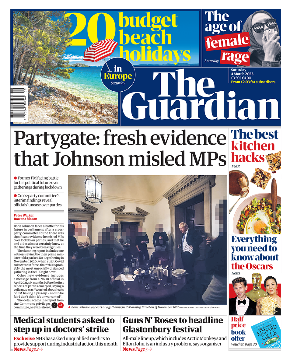 The headline in The Guardian reads: Partygate: fresh evidence that Johnson misled MPs