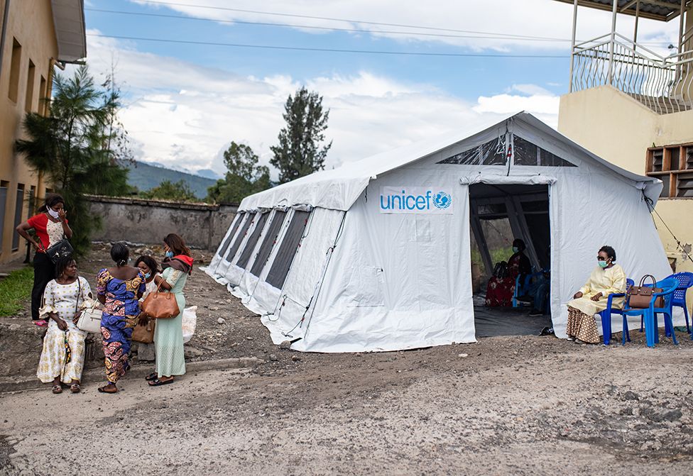 A vaccine tent run by Unicef has been set up in the grounds of a Goma hospital