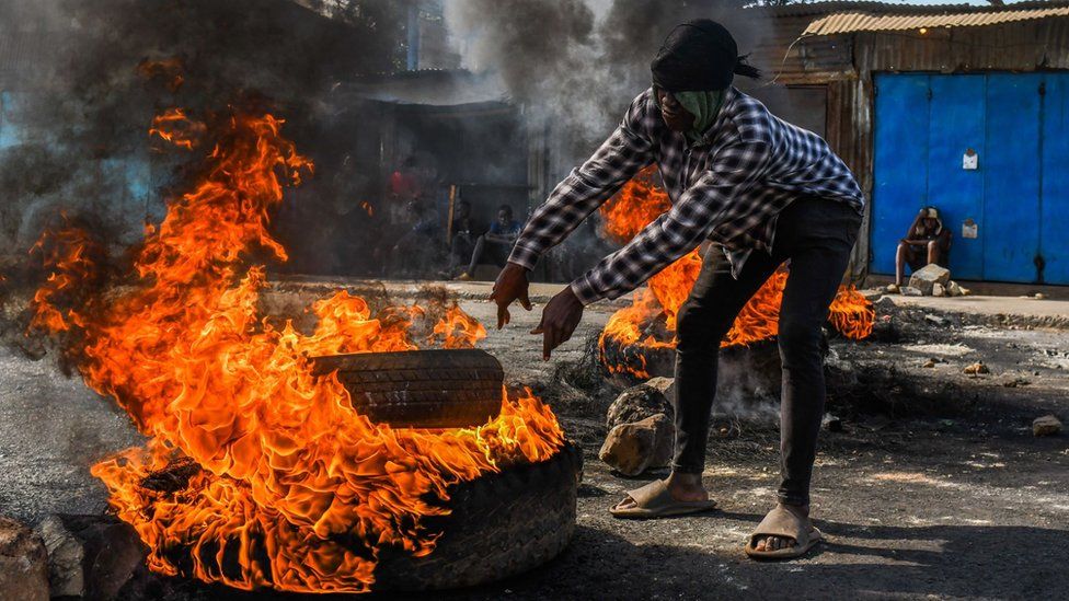 People take part in a demonstration held against the tax increases and cost of living, in Kibera neighborhood of Nairobi, Kenya on July 21, 2023.