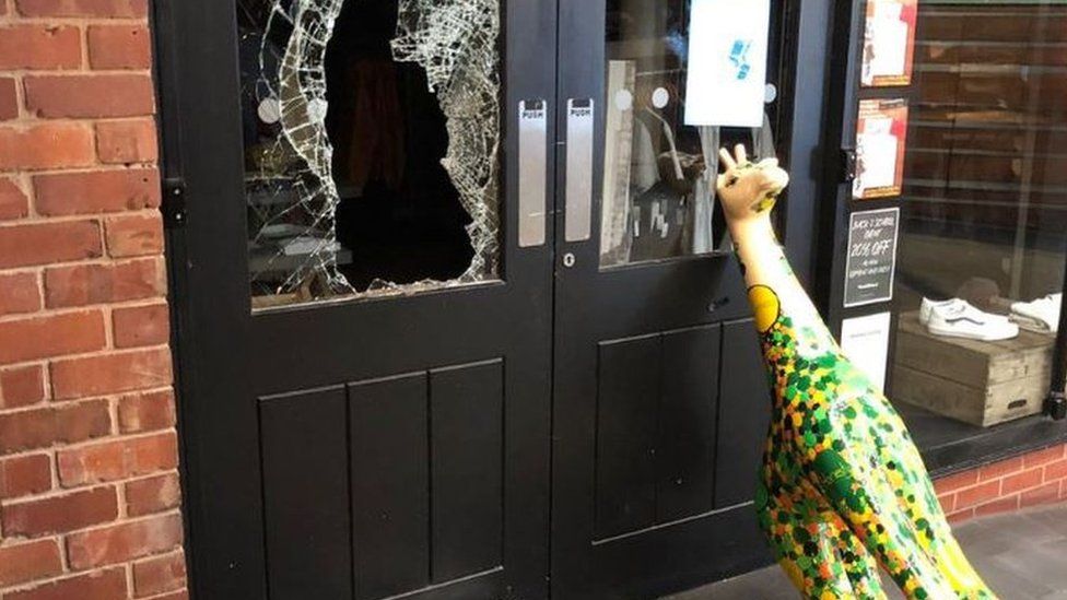 Giraffe by smashed shop window