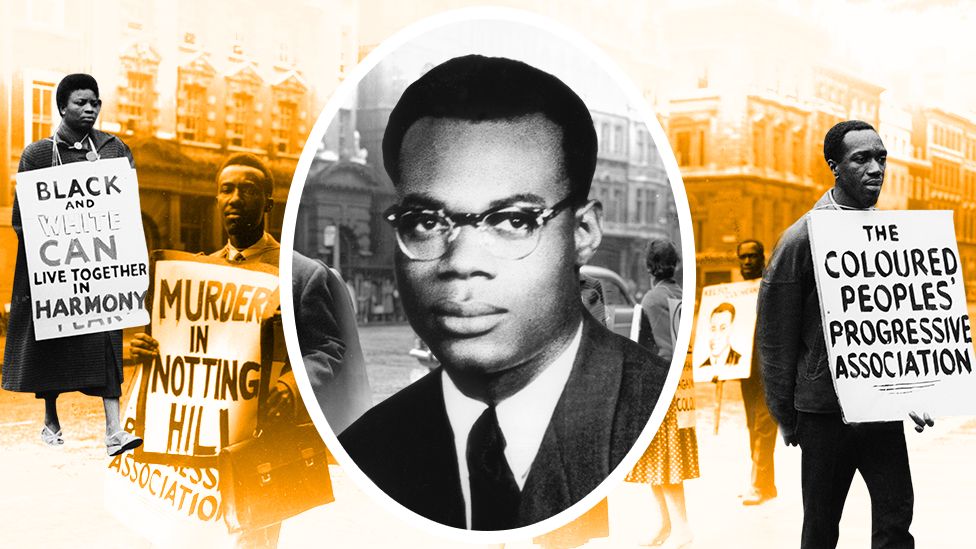 Composite showing Kelso Cochane portrait inset against a background of 1960s-era protesters against racism