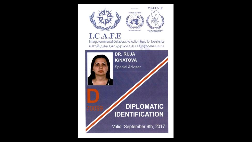 Alleged ICAFE document labelled 'diplomatic identification' shows Dr Ruja's name and image