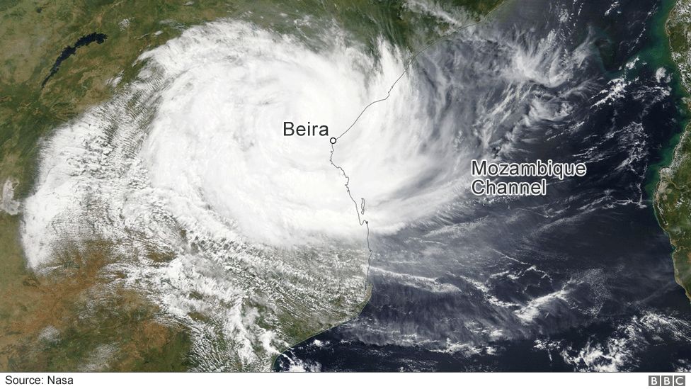 Satellite image of Cyclone Idai as it hit the coast of Mozambique
