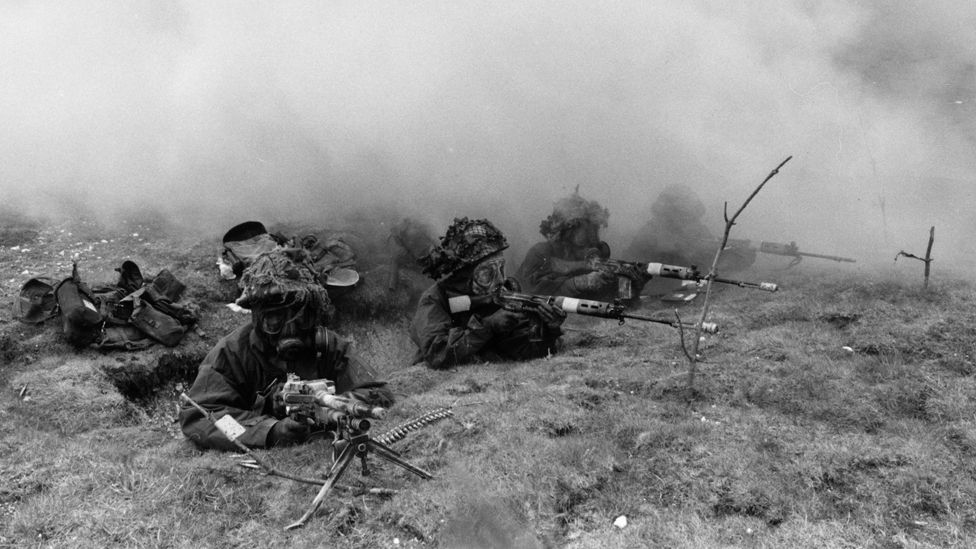 Members of C Company of the Royal Green Jackets take part in a chemical warfare exercise near Porton Down in 1980