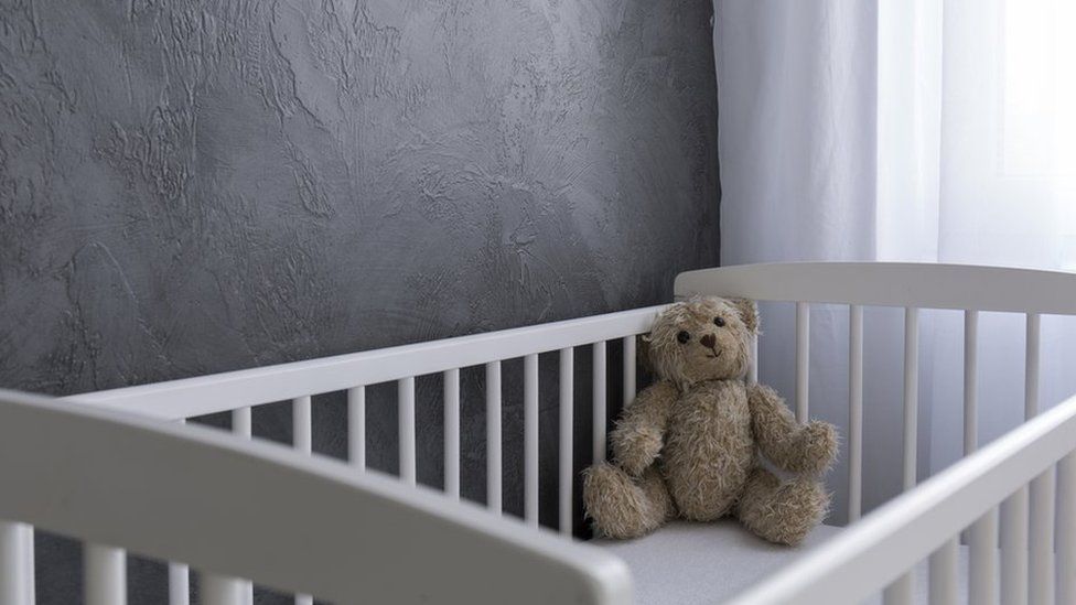 Teddy bear in cot