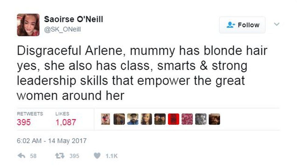 "Disgraceful Arlene, mummy has blonde hair yes, but she also has class, smarts & strong leadership skills that empower the great women around her"