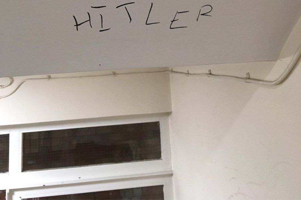 The word "Hitler" scrawled on the ceiling of a communal are at a block of flats in Stamford Hill, north London in May