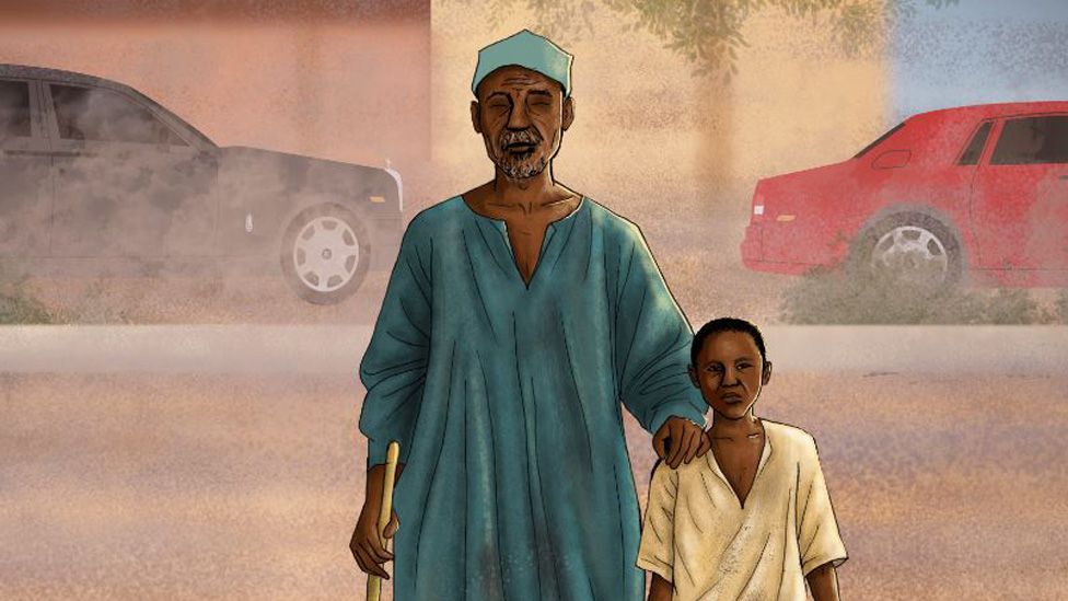 Illustration showing Samuel Abdulraheem as a boy guiding a blind beggar