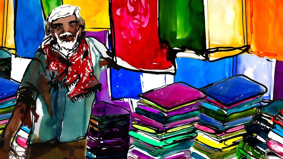 Illustration of an elderly man in a fabric shop