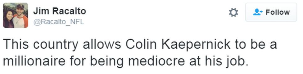 A tweet reads: "This country allows Colin Kaepernick to be a millionaire for being mediocre at his job."