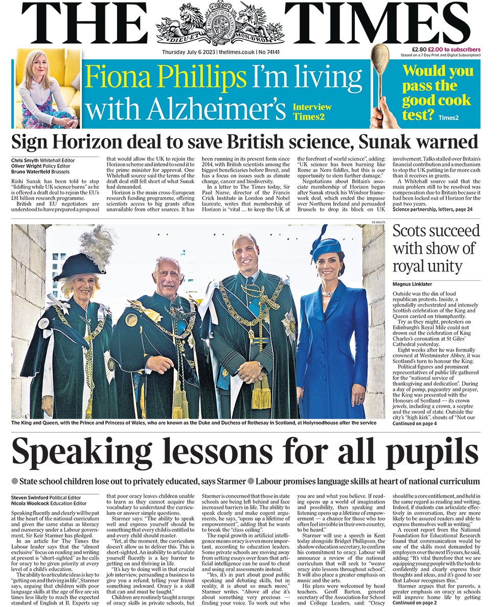 The main headline on the front page of the Times reads: "Speaking lessons for all pupils"