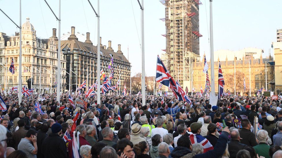 Brexit supporters rally outside the Parliament in London, Britain