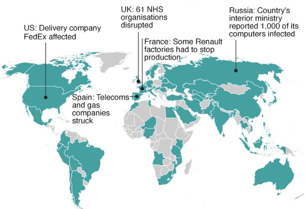 Map of areas hit by the cyber attack