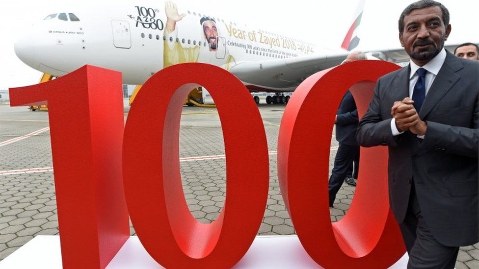 Sheikh Ahmed bin Saeed Al Maktoum, Emirates' chairman and CEO during a delivery ceremony of Emirates' 100th Airbus A380.