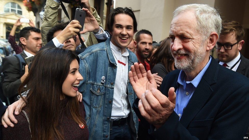Jeremy Corbyn and supporters celebrating his leadership win
