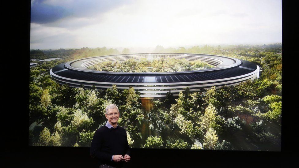 Apple boss Tim Cook in front of a rendering of the company's campus