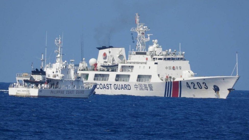 Philippine Coast Guard ship (left) and Chinese Coast Guard ship. Photo: June 2023