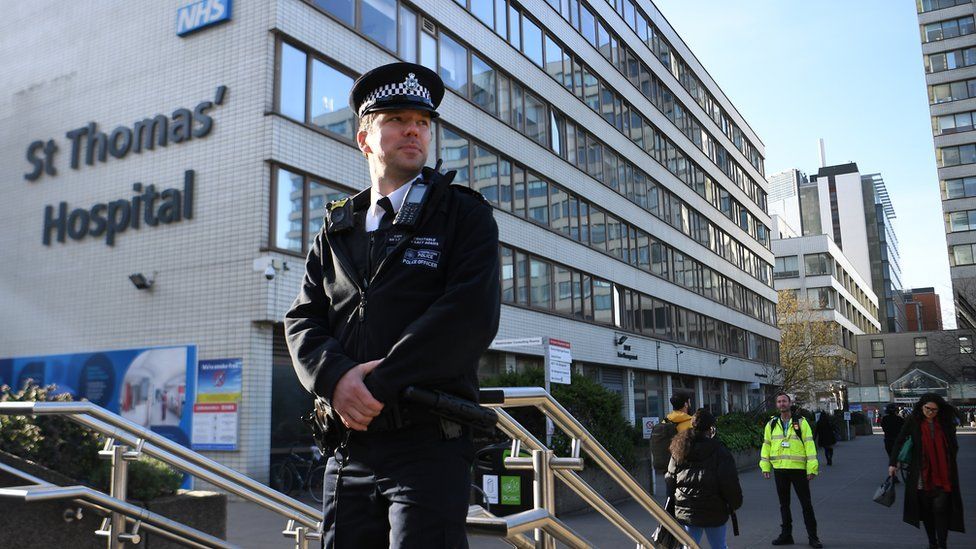 A policeman outside St.Thomas" Hospital in London, Britain, 07 April, 2020. British Prime Minister Boris Johnson is being treated for Coronavirus at St. Thomas" Hospital, and was moved to the Intensive Care Unit after his condition worsened