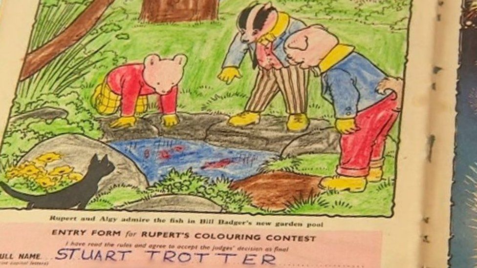 Four-year-old Stuart Trotter's colouring in of Rupert in 1960
