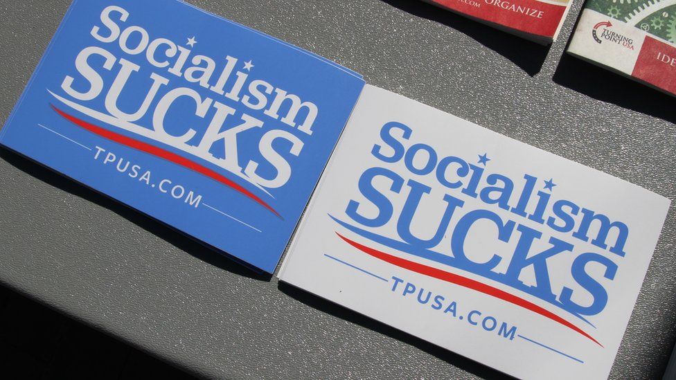 Some of the stickers on offer saying Socialism Sucks