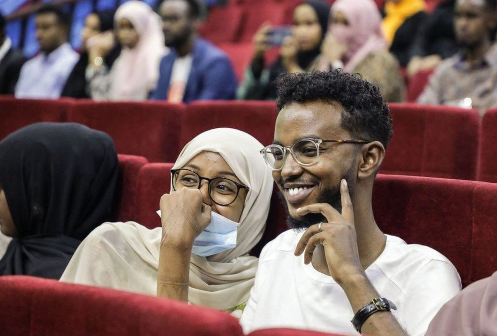 Viewers wait for the first screening of Somali films at The Somali National Theatre in Mogadishu.