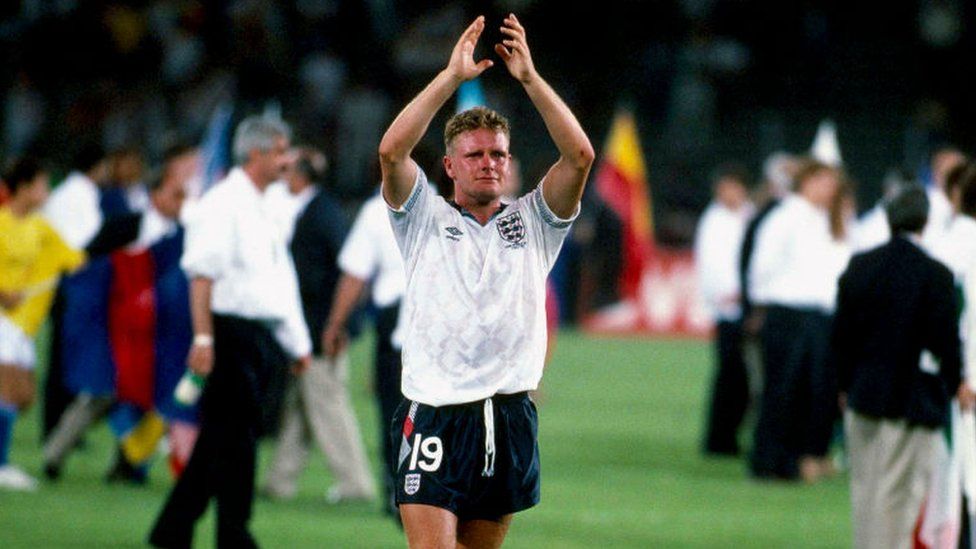 A tearful Paul Gascoigne salutes the England fans after the World Cup semi-final