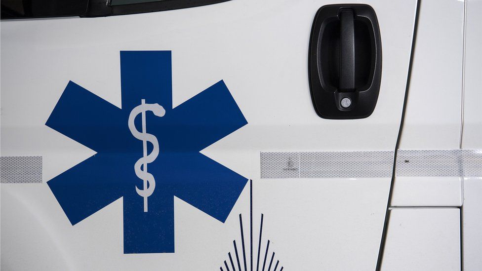 A close-up of a recognisable medical symbol the Rod of Asclepius - a serpent wrapped around a staff - is seen on the door of a French ambulance