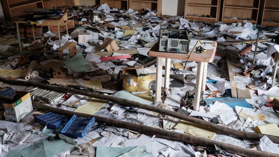 A looted classroom is seen at Samre Technical College, being temporarily occupied by alleged Eritrean soldiers, in Samre, southwest of Mekelle in Tigray region, Ethiopia, on June 20, 2021.