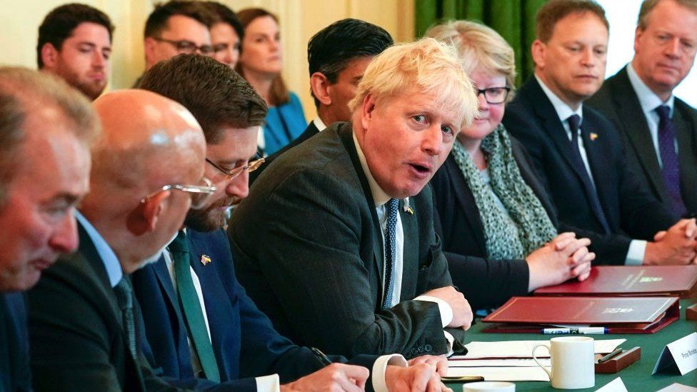 Boris Johnson, centre, speaks during a Cabinet meeting at 10 Downing at Downing Street on June 14, 2022