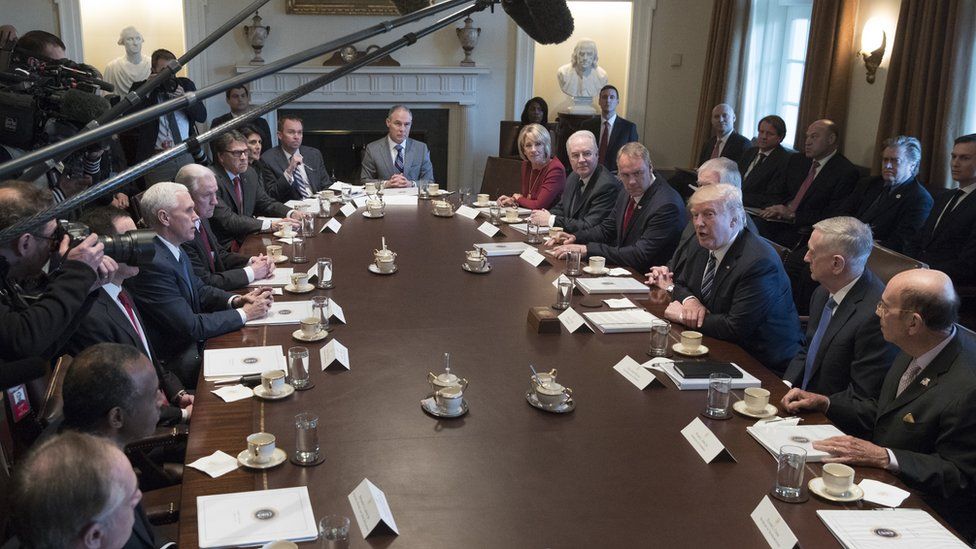 resident Donald Trump (3-R) holds a meeting with members of his cabinet in the Cabinet Room of the White House on March 13, 2017 in Washington, DC.