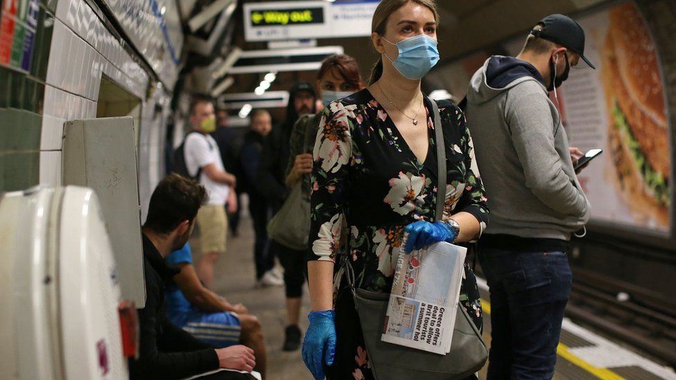 Commuters in face masks