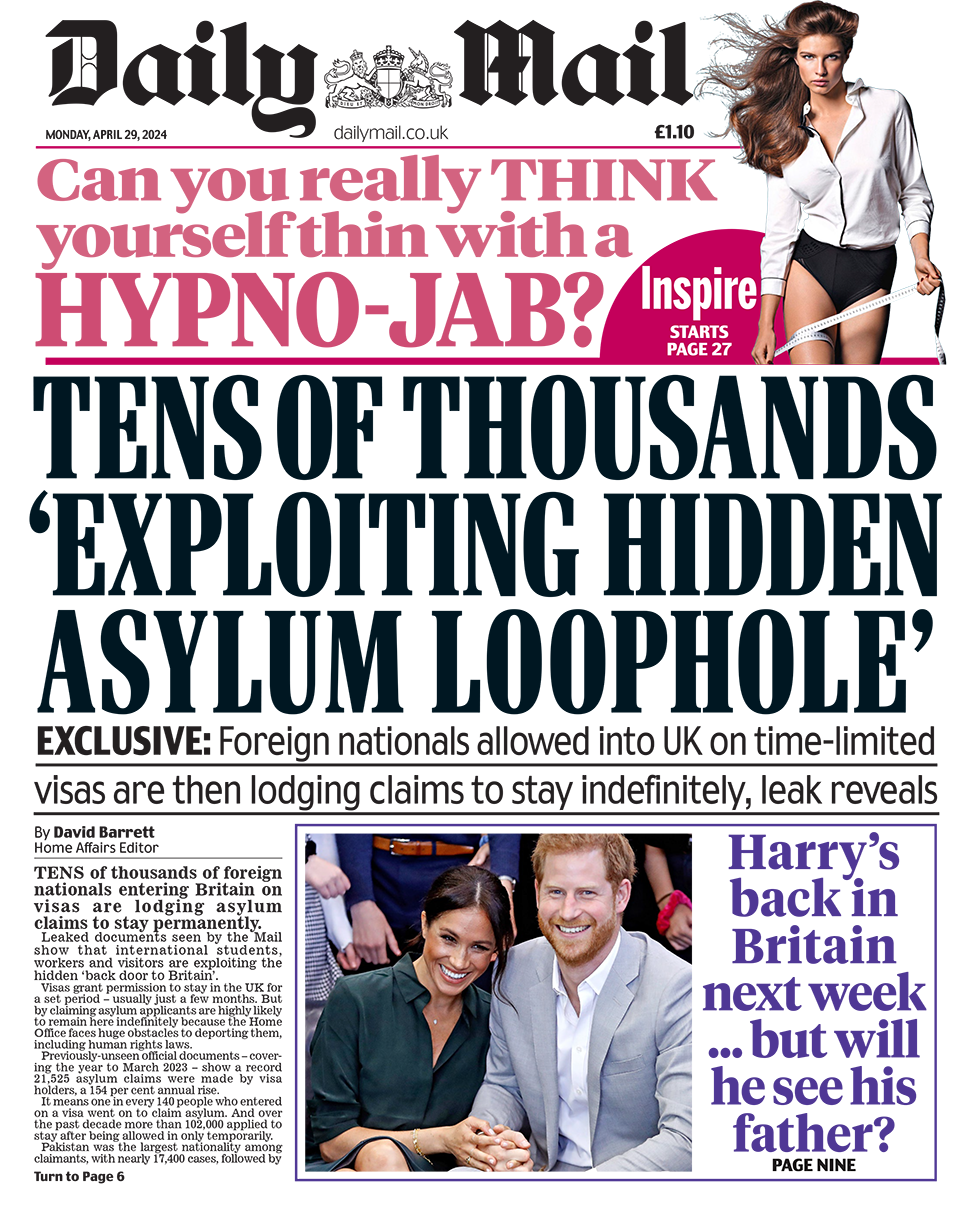 The headline in the Mail reads: "Tens of thousands 'exploiting hidden asylum loophole'".