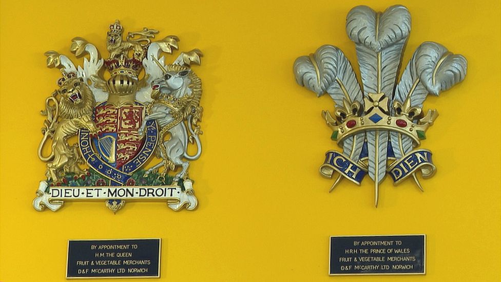 The royal warrants on the side of McCarthys headquarters in Norwich