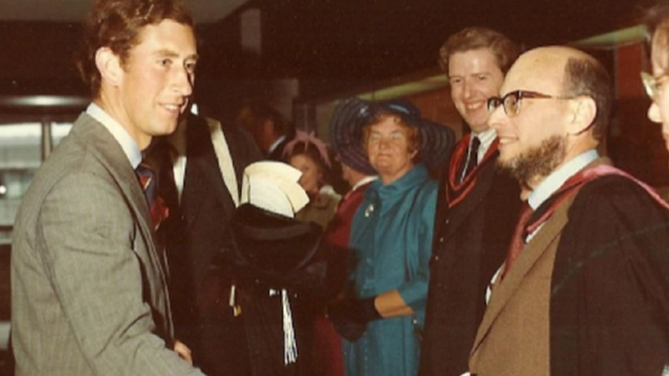 William Dieneman, right, former librarian at Aberystwyth University, meets Prince Charles