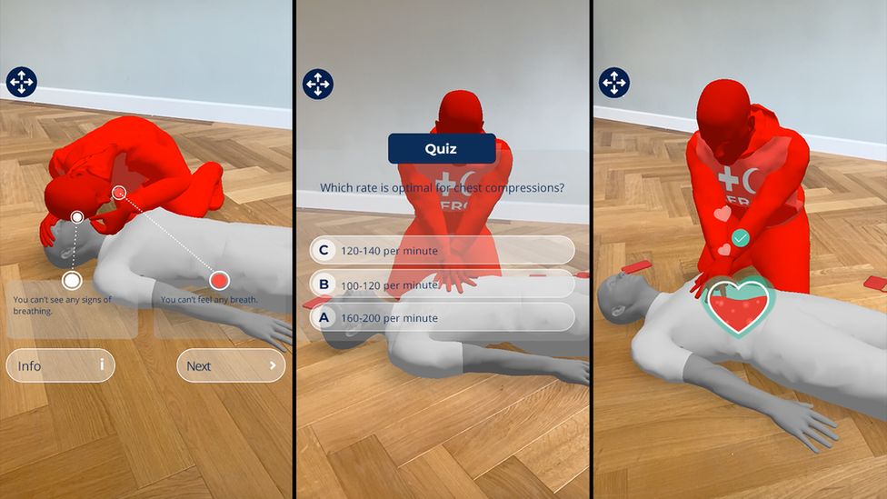 Несколько изображений, изображающих приложение в действии, показывающих фигуру, выполняющую СЛР, и викторину, проверяющую пользователей на предмет того, что они узнали