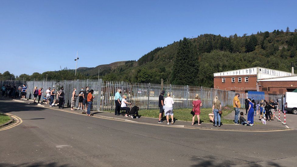 People queuing for covid test in Abercynon. Rhondda Cynon Taf