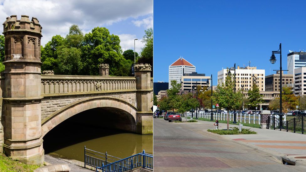 Bridge in Leicester and skyline of Wichita