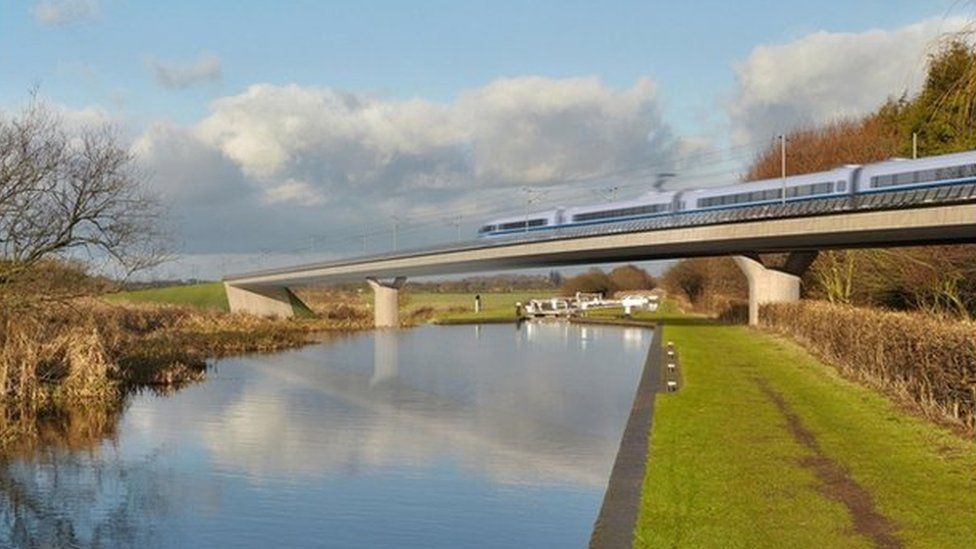 Generated image of an HS2 train on the Birmingham and Fazeley viaduct