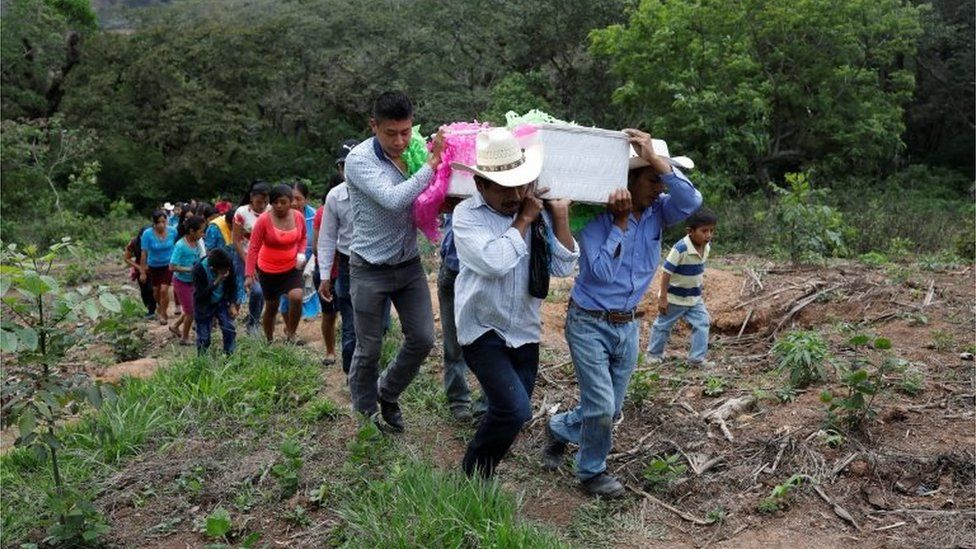Relatives and friends lower the coffin with the body of 2-1/2-year-old Guatemalan migrant Wilmer Josue Ramirez, who was detained last month at the U.S.-Mexico border but released from U.S. custody with his mother during treatment for an illness, during his funeral at a cemetery in the village of Olopa, Guatemala May 26, 2019