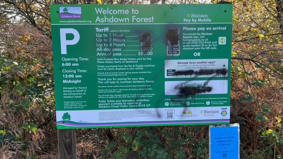 Vandalised sign at Duddleswell car park