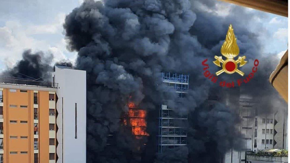 A high-rise building on fire in Rome, Italy. Photo 2 June 2023