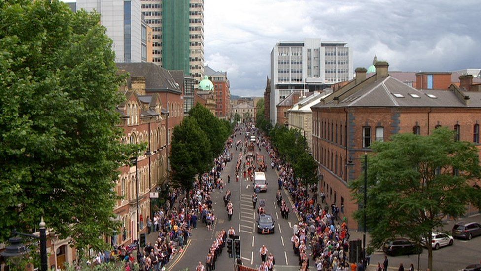 The parade marched through Belfast city centre towards the demonstration field