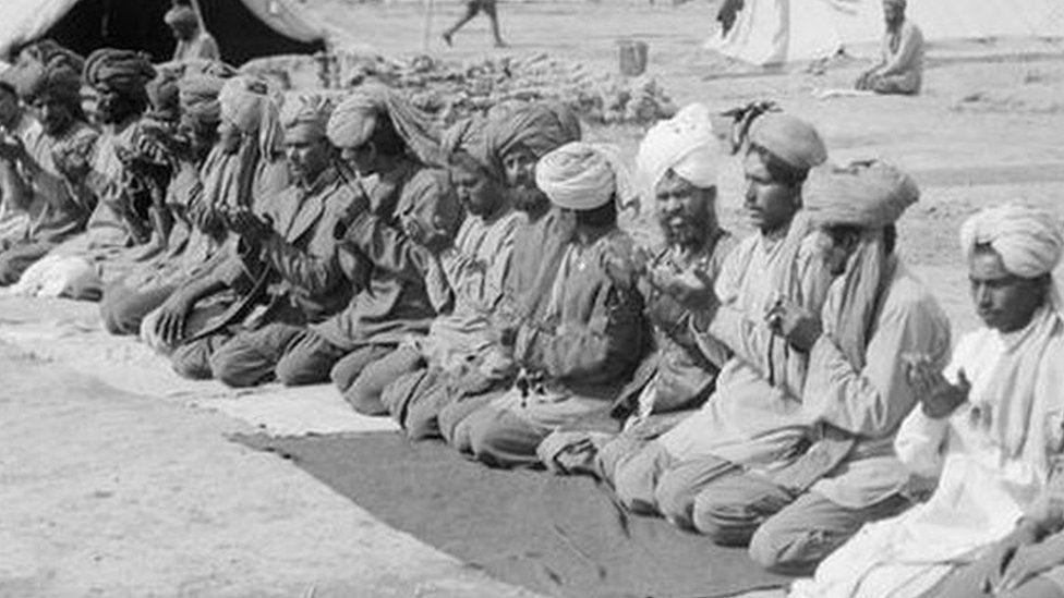 Muslim soldiers offering prayers during World War One
