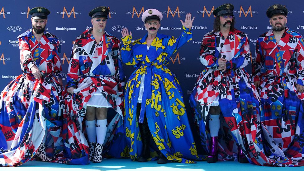 Croatia's Let 3 on the Eurovision turquoise carpet in Liverpool